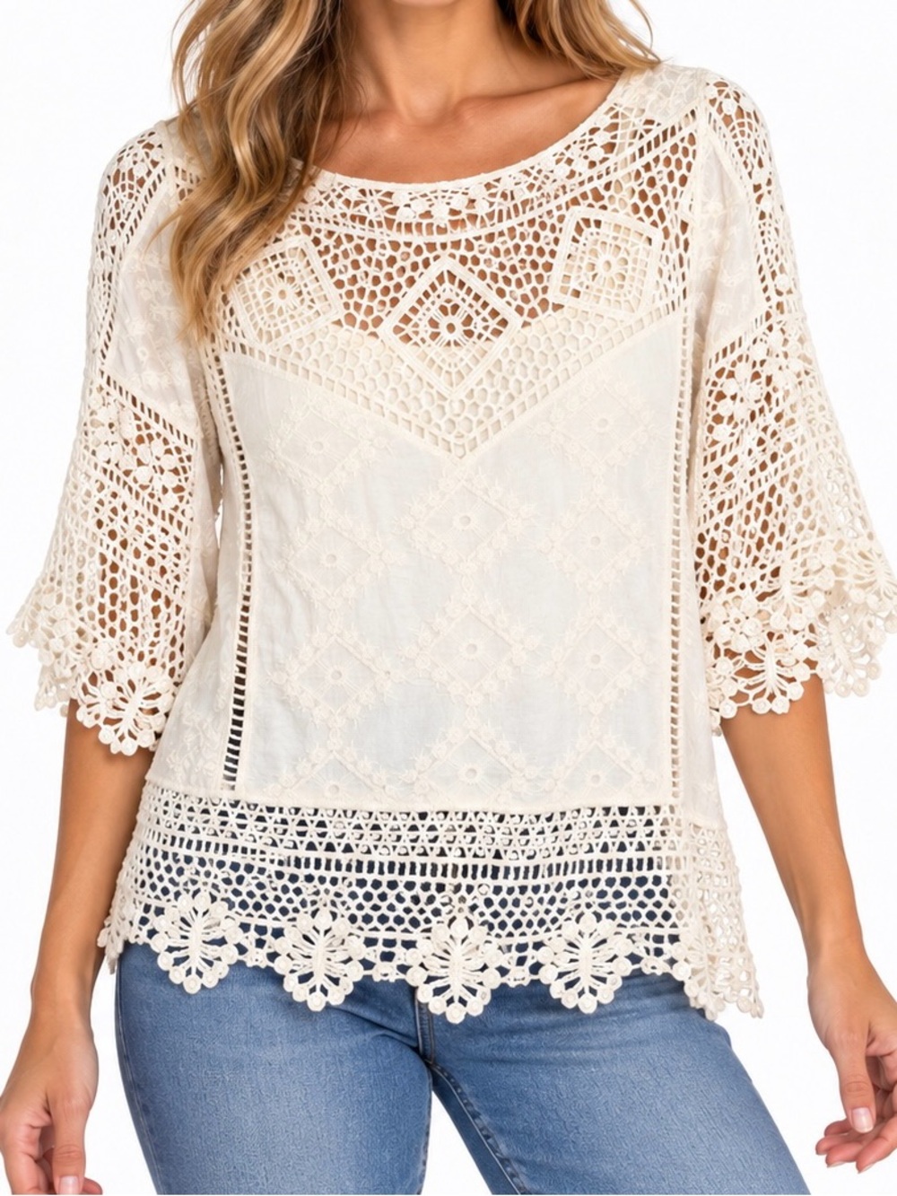 Democracy Ivory Crochet Lace Boho Blouse Top Size Large